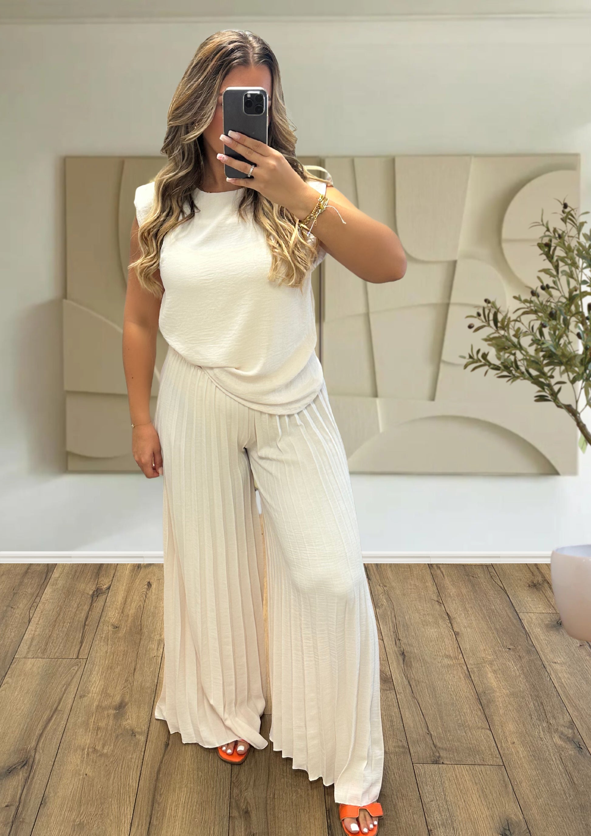 ENSEMBLE PALAZZO ET TOP À EPAULETTES CREME