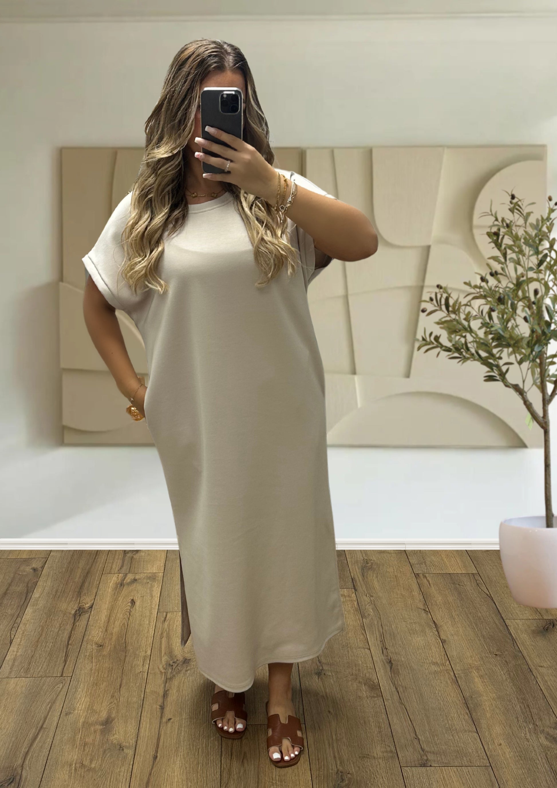 ROBE T-SHIRT LONGUE COL ROND BEIGE